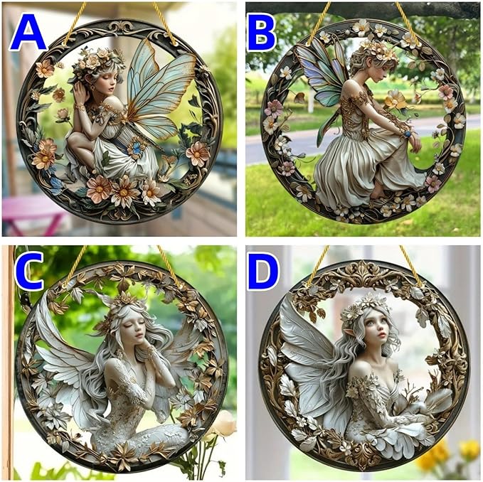 Flower Fairy Garden Decorations Angel Wing Christmas Halloween Deco Statue Art Elf Sculpture Hanging Craft for Outdoor Yard Courtyard Lawn Patio Window Acrylic Ornament Home Gift (B,L: 8*8 IN)