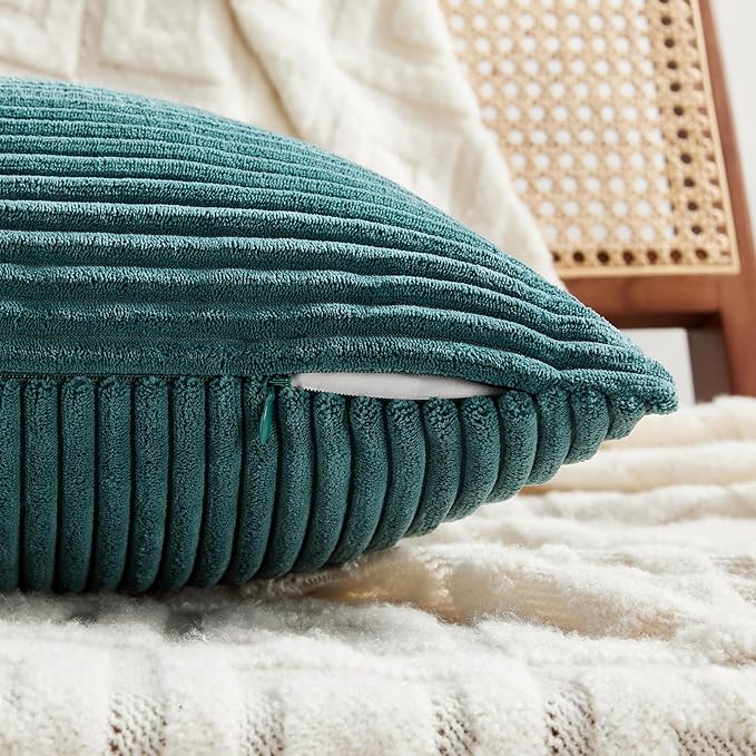 Fancy Homi 2 Packs Teal Long Lumbar Decorative Throw Pillow Covers 16x24 Inch for Couch Bed Sofa, Rustic Farmhouse Boho Home Decor, Soft Striped Corduroy Rectangle Accent Cushion Case 40x60 cm