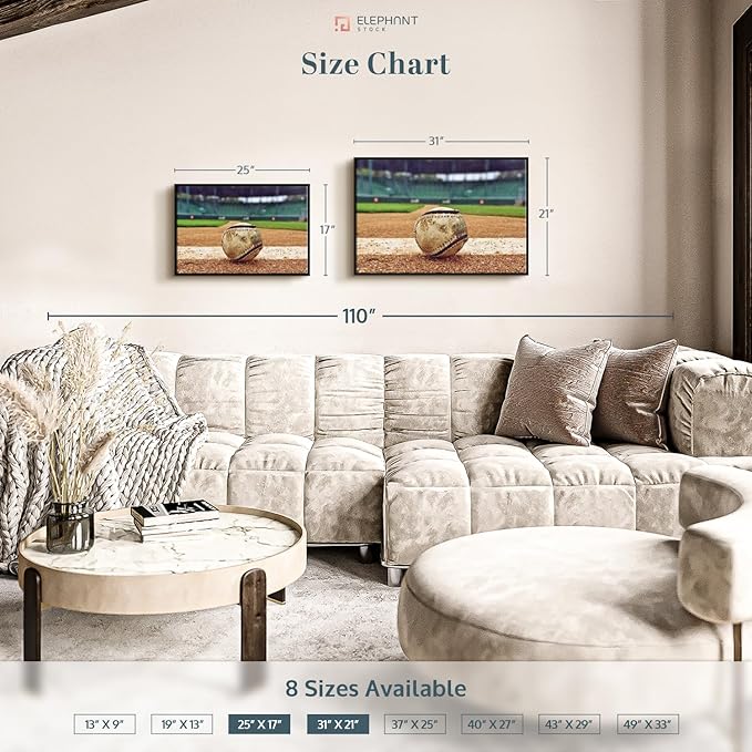 ElephantStock Baseball In Stadium Wall Art - Horizontal Framed Canvas - 1-Piece Living Room Wall Decor - Car Photography Canvas Print - Brown and Beige Decor for Wall - 31" X 21"