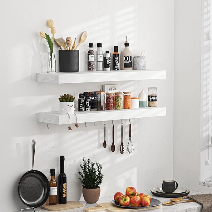 Floating Shelves - 24 Inch Rustic Wooden Wall Shelves - Extra Deeper & Thicker Wall Mounted Storage Shelf for Living Room, Kitchen, Farmhouse - 24" W x 9" D x 1.6" H - Rustic White, 2 Pack