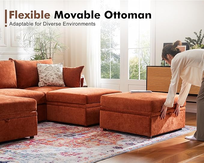 102.6" Modular Sectional Sofa, L Shaped Couch Set for Living Room, 3-Seater Comfy Cloud Couches with Movable Storage Ottoman,DIY Combination - Chenille Terracotta Orange