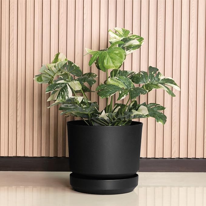 Elly Décor 14 inch Plastic Cylinder Planter Pot with Self-Watering Saucer and Drainage Hole,Lightweight & Extremely Durable, 14"x 14", Black