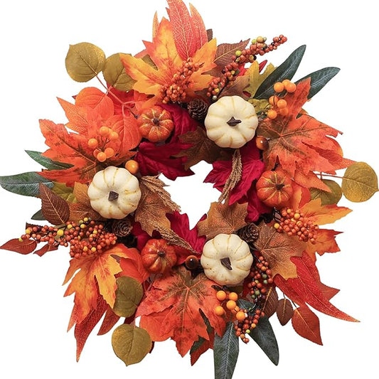Fall Wreaths for Front Door, DECSPAS 21" Fall Wreath with Maple Leaves Pumpkin Berries, Autumn Decorations for Home, Artificial Harvest Door Wreath Outside, Window, Wall, Fireplace, Thanksgiving Decor