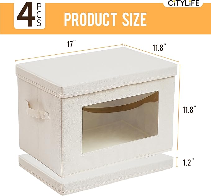 Citylife 4-Pack Storage Bins with Lids, Fabric Foldable Storage Bins with Soft Cord Handles, Cube Closet Storage Baskets with Lids, Organizers for Organizing Clothes and Books, Beige