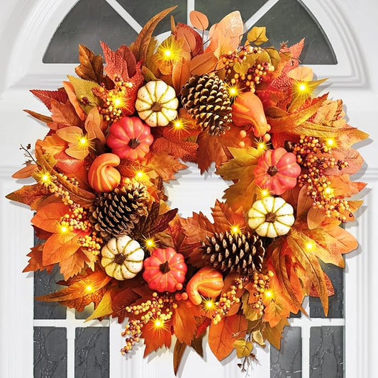 Fall Decor - Fall Wreaths for Front Door Outside, 20 Inch Fall Door Wreath, Handcrafted Autumn Wreath with Colorful Pumpkins Maple Leaves, Fall Decorations for Home Front Door Porch Thanksgiving Decor