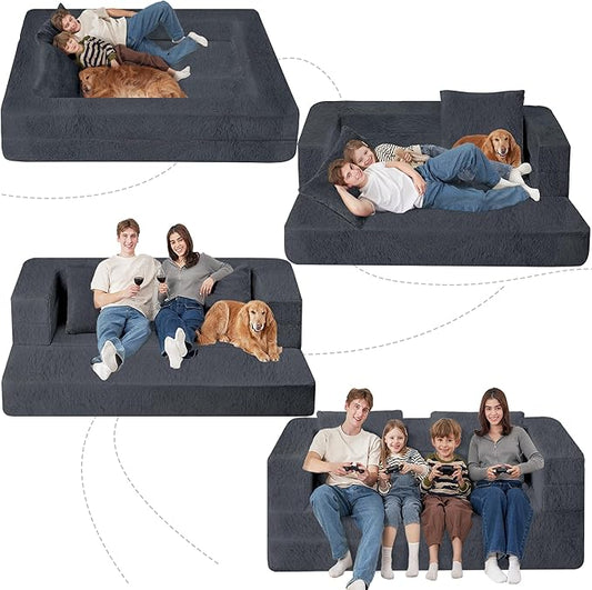 Folding Bean Bag Chair for Adults,3-in-1 Bean Bag Couch Faux Fur Floor Sofa Large Beanbag Convertible Bean Bag Sofa Bed with Pillow in Bedroom,Living Room,Apartment(Queen,Dark Grey)