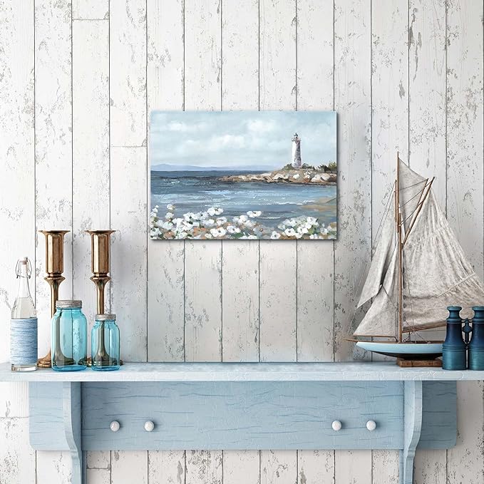 cozy country Lighthouse Wall Art 16"x11" - Coastal Pictures Beach Canvas Ocean Decor - Nautical Artwork Seascape Painting for Bathroom, Bedroom, Sea House