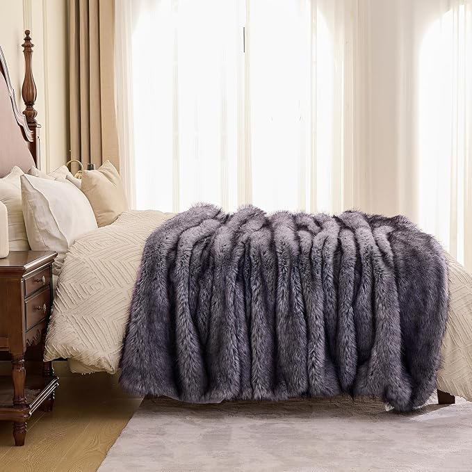 Fluffy Faux Fur Throw Blanket – Super Soft Warm Thick Plush Blanket for Bed, Couch & Office, Cozy Fuzzy Throw with Flannel Backing,90"x90", Grey