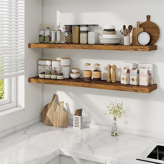 Fun Memories 48 Inch Deep Floating Shelves for Wall, 2 Pack of Long Wall Mounted Wood Shelves with Invisible Brackets for Bathroom, Bedroom, Living Room, Kitchen Decor and Storage, Brown