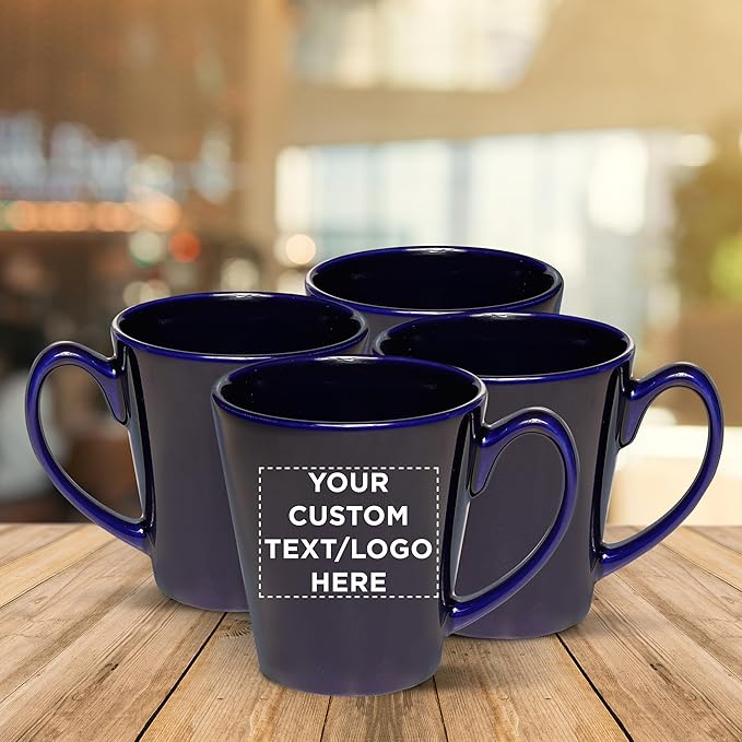 DISCOUNT PROMOS Custom Glossy Ceramic Latte Coffee Mug 12 oz. Set of 10, Personalized Bulk Pack - Perfect for Tea, Espresso, Cappuccino, Hot Cocoa - Blue