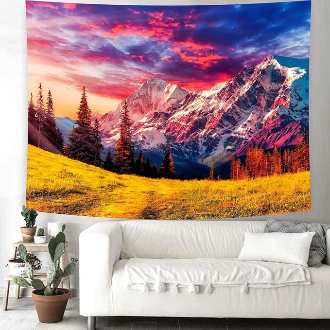 Delur Mountain Tapestry Sunset Forest Tree Nature Tapestry Wall Hanging Sunrise Psychedelic Scenic Landscape Headboard for Bedroom Living Room Home Decor (59.1" x 78.7")