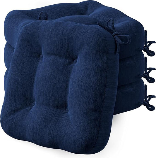 Codi Thick Kitchen Chair Cushions, Chair Pads for Indoor Dining Room 4 Pack - Washable, Non-Slip 3-Layer Seat Cushion with Ties, 16.5"x16.5"x 3.5", Set of 4, Navy