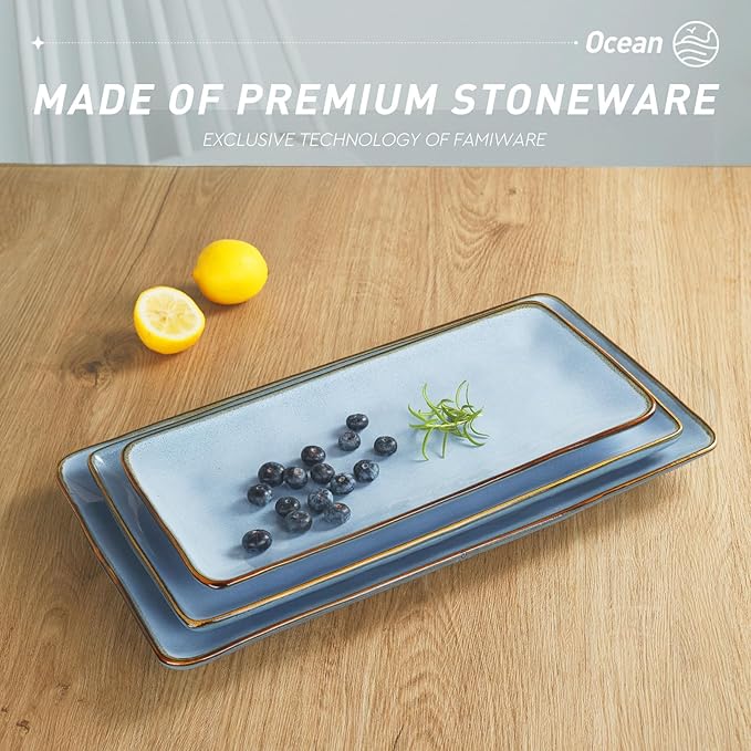 famiware Serving Platter, Rectangular 15.67/14.1/12.6inch Serving Dishes for Entertaining, Reactive Glaze, Stoneware Serving Trays for Party, Food, Turkey, Snack, Cheese, Ocean Series, Blue
