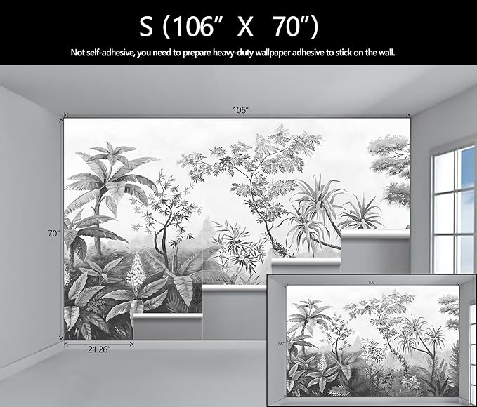 Gray Tropical Rainforest Botanical Wallpaper Bedroom Hand-Painted Oil Painting Jungle Plant Wall Mural Living Room (Not Peel and Stick)