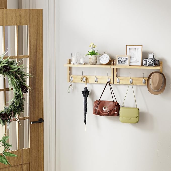 Coat Rack with Shelf, 2 Pack Bamboo Wall-Mounted Coat Hanger with 8 Hooks for Entryway, Hallway, Kitchen, Bathroom, Living Room, Utility Room (Natural)