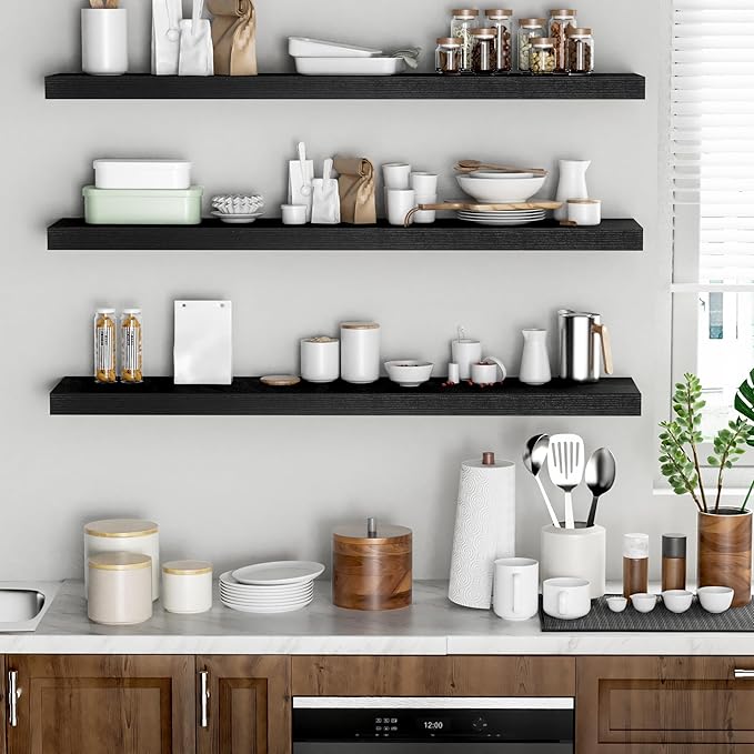 Floating Shelves - 10.3 Inch Deep Wall Shelf for Decor & Storage - Wall Mounted Display Shelving with Invisible Heavy-Duty Metal Bracket - 48" W x 10.3" D x 1.8" H - Set of 1 - Rustic Black