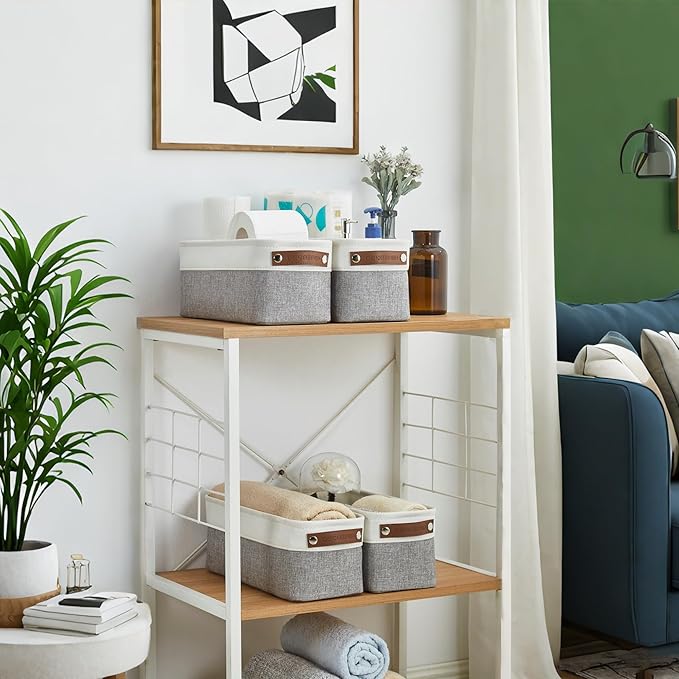 DECOMOMO Narrow Storage Bins Small Baskets for Organizing Bathroom, Toilet Tank, Towel Storage, Entryway, Gifts (Grey and White - Set of 4)