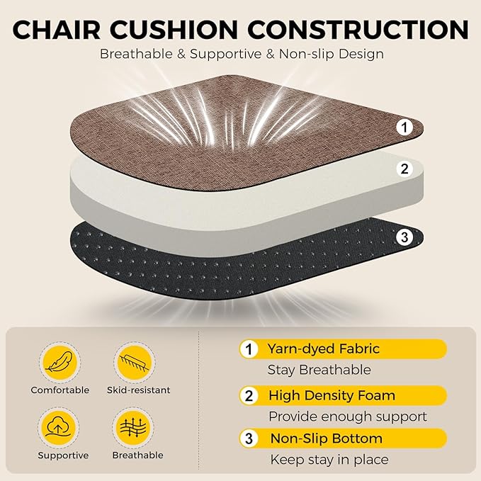 downluxe Indoor Chair Cushions for Dining Chairs, Soft and Comfortable Textured Foam Kitchen Chair Pads with Ties and Non-Slip Backing, 16" x 16" x 2", Brown, 4 Pack