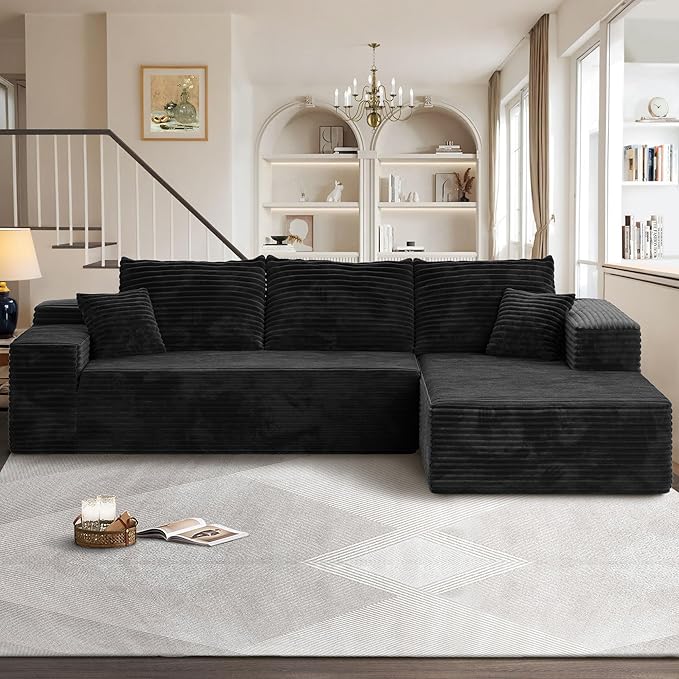 104" Cloudy Sectional L Shaped Couch for Living Room, No Assembly Required, Modular Comfy Sofa with Deep Seat, Fluffy Couch with Sleeper Chaise for Apartment Lounge (Black)