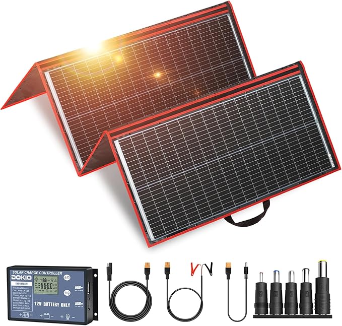 DOKIO 300W Portable Foldable Solar Panel Kit (21x40in, 17lb), with Separate Controller and Dual USB, Monocrystalline Charger for 12V Batteries, Power Stations, RV Camping Emergency Use