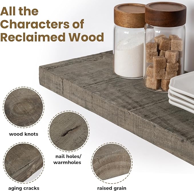 Floating Shelves | 8" Deep Rustic Reclaimed Barnwood Wall Hanging Shelves with Invisible Heavy-Duty Metal Bracket | Wall Mounted | Farmhouse Style | 36 inches, 2 PCs, Distressed Grey