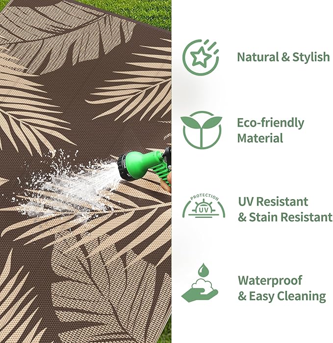 GENIMO Outdoor Rug 6' x 9' Waterproof for Patios Clearance, Reversible Outdoor Plastic Straw Camping Rug Carpet, Large Area Rugs Mats for RV, Camper, Deck, Balcony, Porch, Beach, Picnic, Coffee&Beige