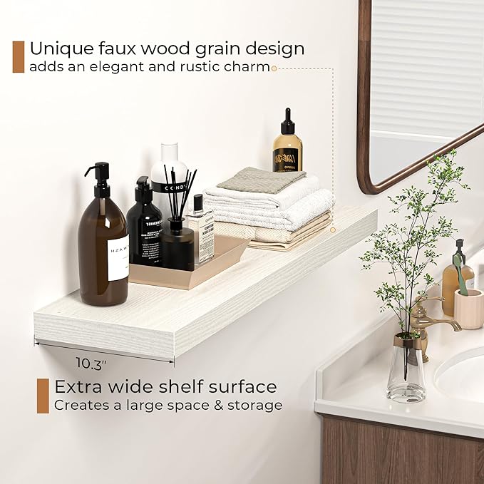 Floating Shelves - 10.3 Inch Deep Wall Shelf for Decor & Storage - Wall Mounted Display Shelving with Invisible Heavy-Duty Metal Bracket - 36" W x 10.3" D x 1.8" H - Set of 1 - Rustic White