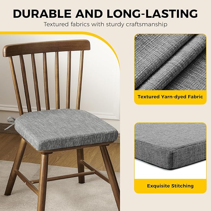 downluxe Indoor Chair Cushions for Dining Chairs, Soft and Comfortable Textured Foam Kitchen Chair Pads with Ties and Non-Slip Backing, 16" x 16" x 2", Dark Grey, 2 Pack