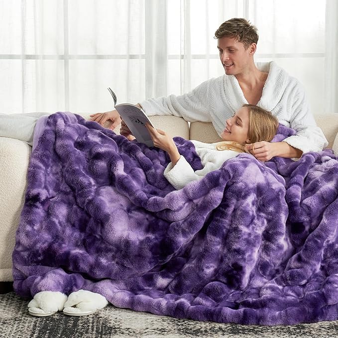 Cozy Bliss Faux Fur Throw Blanket for Couch, Fuzzy Soft Plush Thick Bubble Blanket for Sofa Bedroom Living Room, 60 * 80 Inches Tie-dye Purple