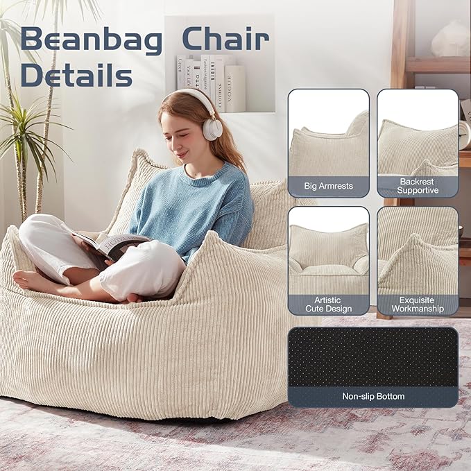Giant Bean Bag Chair Sofa for Adults Teens, Comfy Corduroy Large Bean Bag Chairs with Armrests for Bedroom Living Room, Adult BeanBag Lazy Sofa Couch Chairs with Filler Included