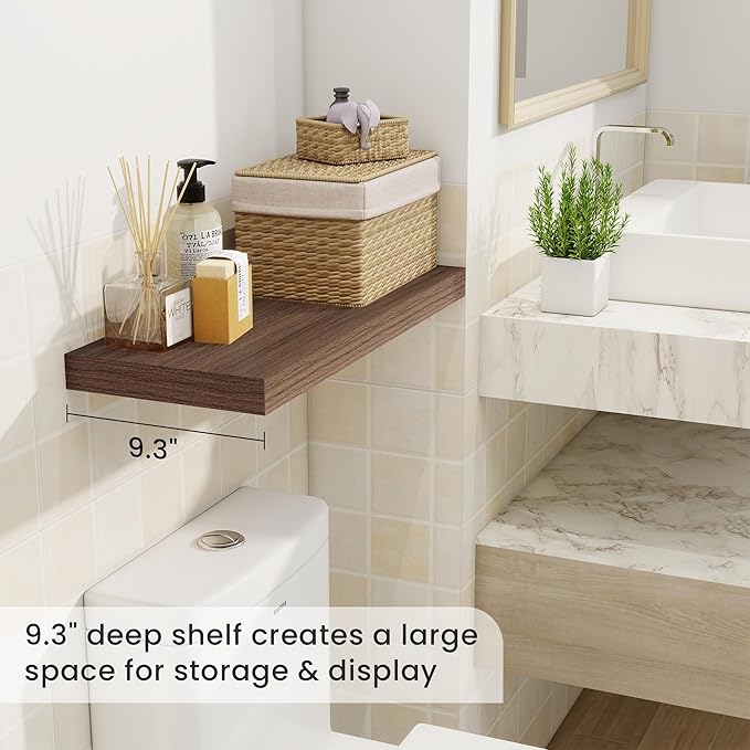 Fun Memories 24 Inch Floating Shelves for Wall, 9 Inch Deep Walnut Rustic Wood Wall Mounted Shelves for Bathroom, Kitchen, Living Room, Set of 2