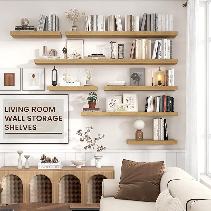 Floating Shelves for Wall, 2 Large Wall Mounted Shelves with Invisible Brackets, Long Wood Floating Wall Shelf Shelves for Living Room, Bedroom, Kitchen, (Oak, 24" W x 9" D x 1.5" H)