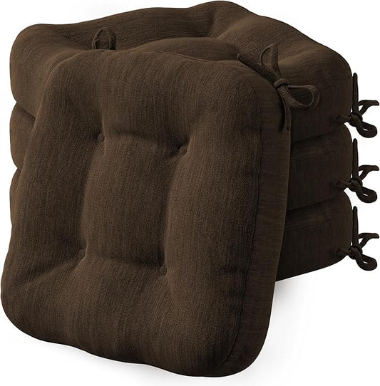 Codi Dining Chair Cushions 4 Pack, Thick Chairs Pads for Indoor Kitchen Room - Washable, Non-Slip Seat Cushion with Ties, 16.5"x16.5"x 3.5", Set of 4, Brown