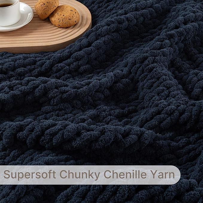 Chunky Knit Blanket Throw, 100% Hand Knit Throw Blanket Handmade Chenille Cable Knit Throw for Couch, Stylish Cozy Soft Rope Knot Crochet Blanket for Home Decor, Navy Blue, 50x60 Inches