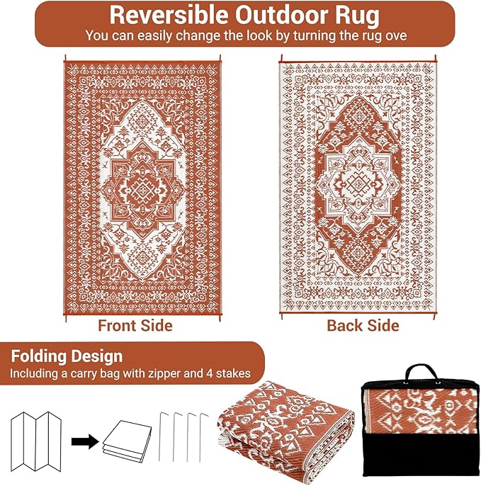 GAOMON Extra Large Outdoor Rug 10x20 Waterproof Plastic Straw Rug Reversible Vintage Patio Carpet, Portable Picnic Camping Mat with Bag & Stakes, Outside Carpet for Balcony Garden Yard, Orange Red