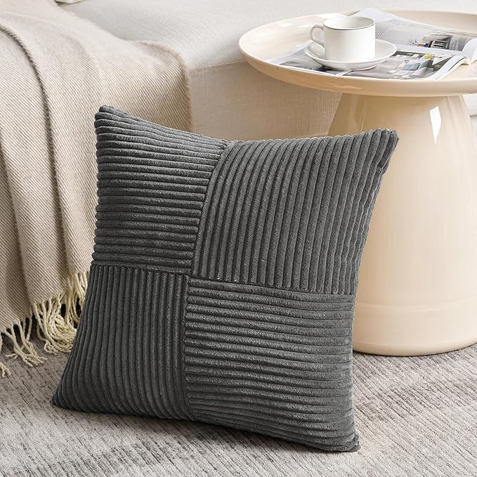 Fancy Homi 2 Packs Dark Gray Euro Decorative Throw Pillow Covers 26x26 Inch for Couch Bed Sofa, Rustic Farmhouse Boho Home Decor, Soft Corss Corduroy Patchwork Textured Square Cushion Case 66x66 cm
