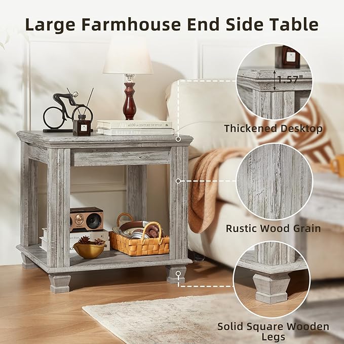 Farmhouse End Table Set of 2,Large Side Table with 2-Tier Storage Shelf,Rustic Wood End Tables for Living Room,Square Tea Table,Gray