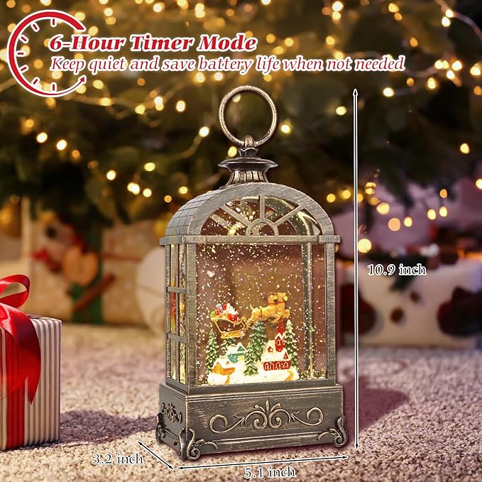 Christmas Snow Globes Lantern,Musical Snow Globes,Christmas Decorations Indoor for Home,Battery Or USB Powered,with 6 Hour Timer,Christmas Lantern for Festival Decoration,Reindeer Vehicle