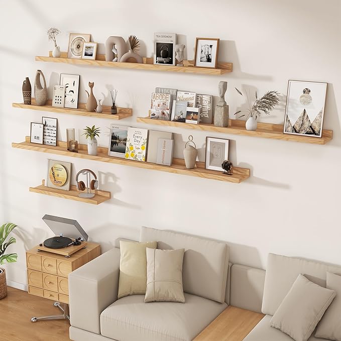 Floating Picture Ledge Shelves 55 Inch Solid Oak Wood Set of 2, Rustic Wall Storage Shelves with Lip, Kids Bookshelf, Photo & Picture Ledge Shelves for Bedroom, Living Room, Kitchen