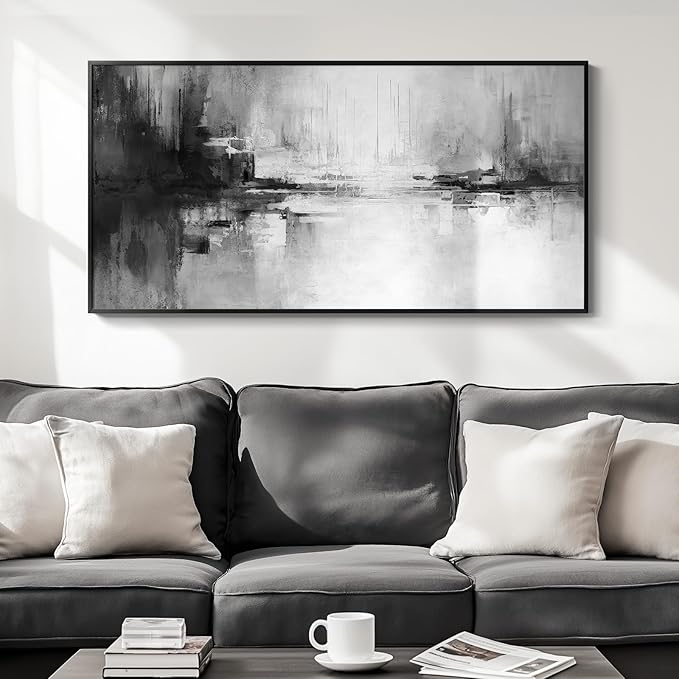 Framed Extra Large Black and White Abstract Canvas Wall Art, Modern Minimalist Horizontal Prints Painting Artwork for Walls, Black Grey Pictures Wall Decor for Living Room Hallway Bedroom Office 30x60 In