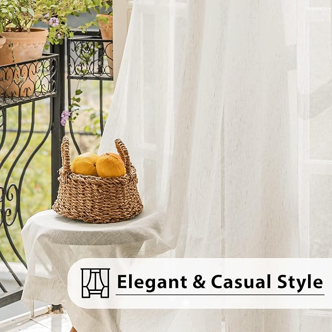 FMFUNCTEX Linen Sheer Sliding Door Curtains for Bedroom, Beige Curtains 84 Inches Long Window Curtain Drapes for Living Room, Natural Patio Glass Door Extra 100 Wide Curtain, Grommet Top 1 Panel