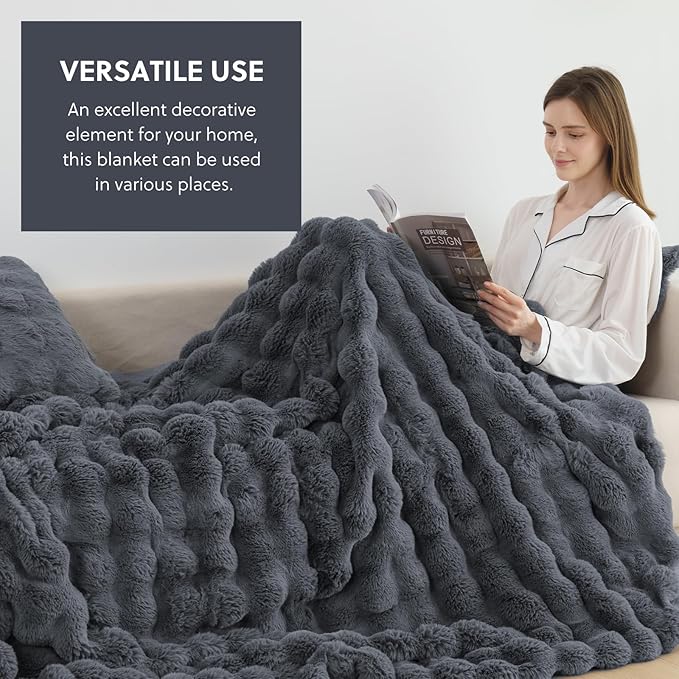 Cozy Faux Fur Throw Blanket for Couch Warm Fuzzy Throw Blanket, Soft Plush Thick Bubble Blankets for Bedroom and Living Room, Furry Luxury Blanket, 50 x 60, Grey
