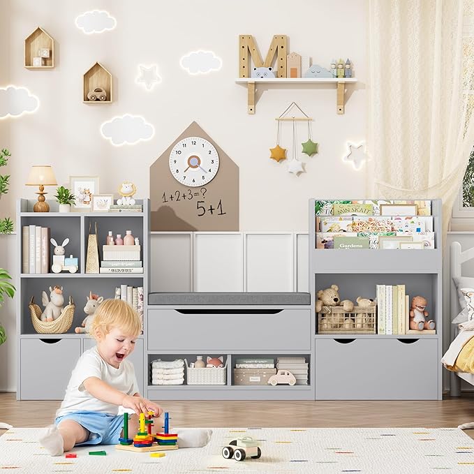 FOTOSOK 72” Kids Bookshelf with Reading Nook, Large Toy Storage Organizer with Seat Cushion and 3 Movable Drawers, Kids Reading Nook Toy Organizers and Storage with Bench for Living Room, Grey