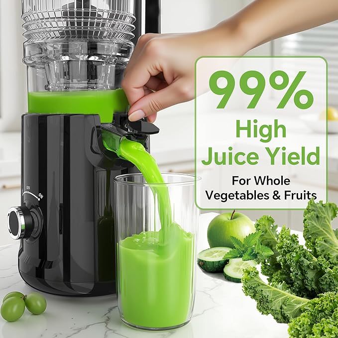 Cold Press Juicer - 5.3" Large Feed Chute Juicer Machines for Whole Vegetables & Fruits, 99% High Juice Yield, Quiet & Easy to Clean Slow Masticating Juicer, BPA-Free, Preserves More Nutrients (Black)