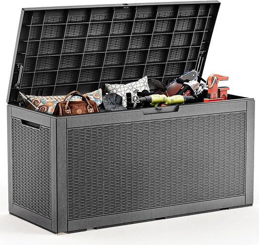 102 Gallon Outdoor Storage Box Waterproof, UV Resistant Resin Deck Box with Hydraulic Rod, Lockable Design and Enhanced Durability for Patio, Garden, and Poolside Use