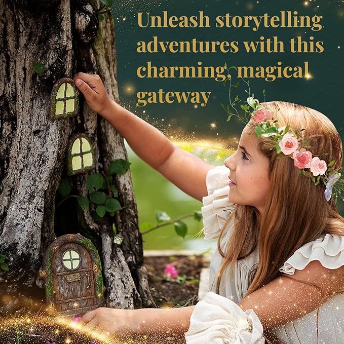 Fairy Door and Windows – Glow in The Dark Yard Art Sculpture Decoration for Kids Room, Wall and Trees Outdoor | Miniature Garden Outdoor Decor Accessories with Bonus Fairy Lantern