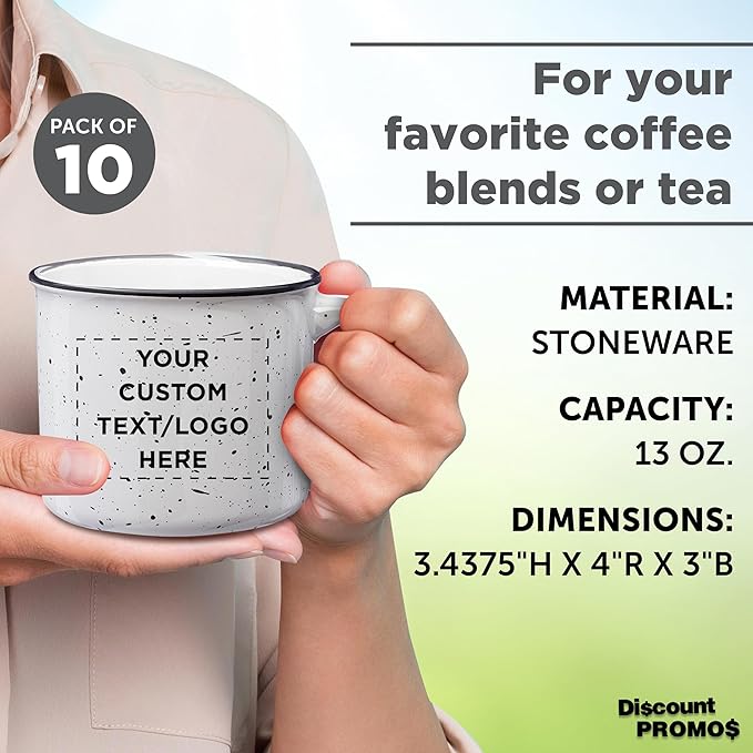 DISCOUNT PROMOS Custom Ceramic Campfire Coffee Mugs 13 oz. Set of 10, Personalized Bulk Pack - Perfect for Tea, Espresso, Cappuccino, Hot Cocoa - White