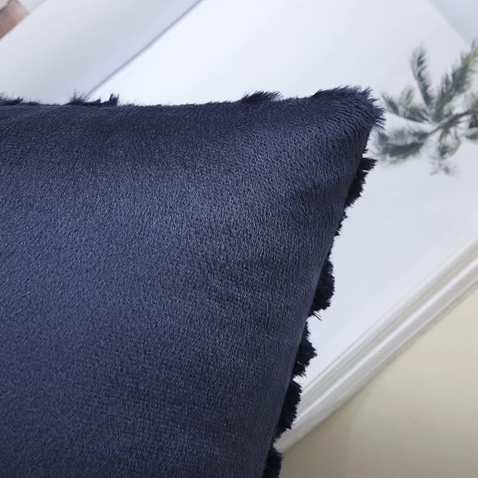 decorUhome Fall Throw Pillow Covers 16x16 Inch Set of 2, Soft Plush Decorative Faux Fur Navy Blue Solid Couch Pillow Covers, Accent Farmhouse Neutral Square Euro Pillow Cases for Sofa Bed Living Room
