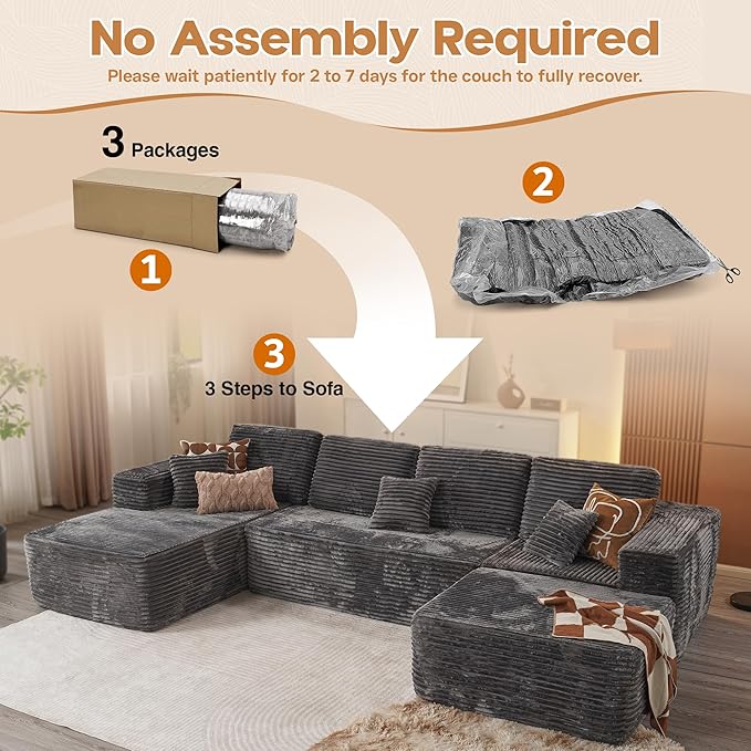 Cloud Sectional Couches for Living Room,U Shaped Modular Sofas No Assembly,133x68 Inches Plush Corduroy Oversized Floor Couch Set with Deep Seat Chaise,Grey