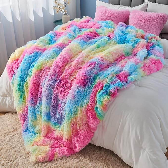 GONAAP Fuzzy Faux Fur Throw Blanket Dark Rainbow Super Soft Cozy Plush Fuzzy Shaggy Blanket for Couch Sofa Bed (Dark Rainbow, Throw(50"x60"))